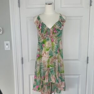 Betsey Johnson Tropical Green Pink Hi-Low Racerback Swim Cover-up Dress Size L